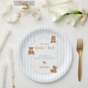 Blauw berenjong baby shower elegante streep papieren bordje