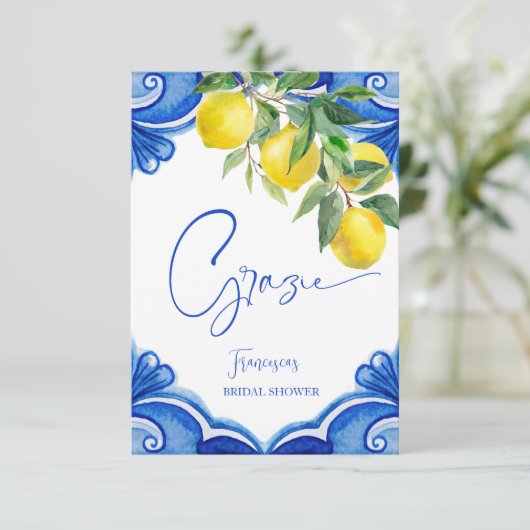 Blauw betegelde citroenen Italiaanse bruidsdouche Bedankkaart (Staand voorkant)