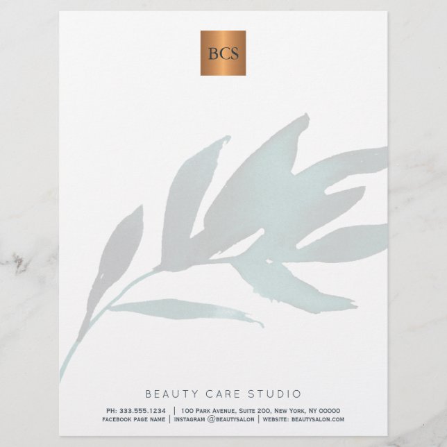 Blauw blad metaal goud koper monogrammed briefhoofd ontwerp (Voorkant)