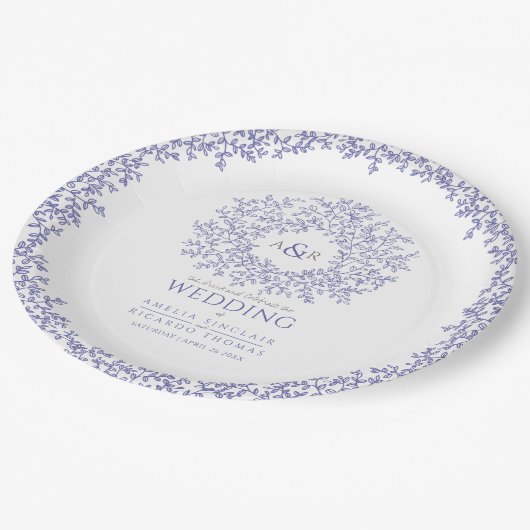 blauw blad - monogram bruiloft papieren bordje (Gekanteld)