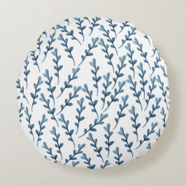 Blauw blad Waterverf Patroon - Wit Rond Kussen