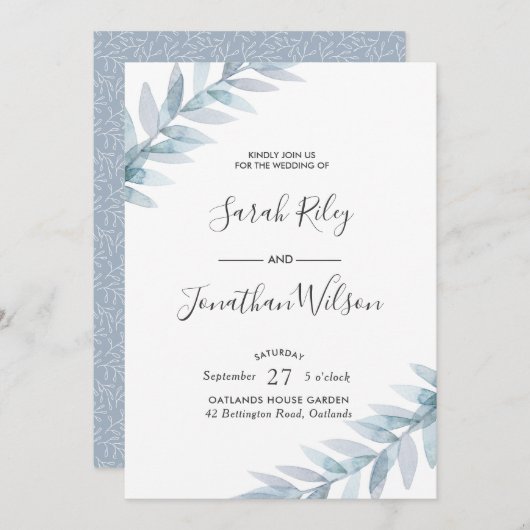 Blauw bladeren Bruiloft uitnodiging (Voorkant / Achterkant)