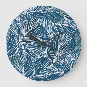Blauw bladpatroon: behang. grote klok
