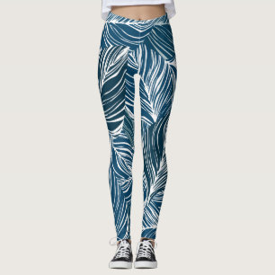 Blauw bladpatroon:  behang. leggings