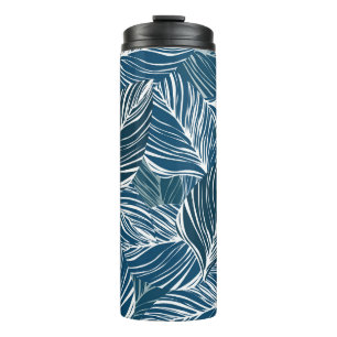 Blauw bladpatroon: behang. thermosbeker