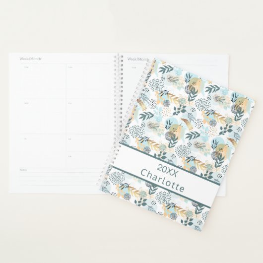 Blauw Blauw Goud Bladerblad monogram 2026 Planner (Display)