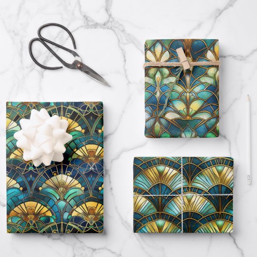 Blauw, blauwgroen en gouden Glas in lood Inpakpapier Vel (Voorkant)