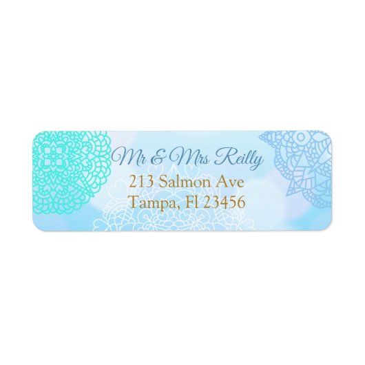 Blauw, Blauwgroen en wit Mandala Etiket (Voorkant)