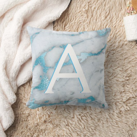 Blauw Blauwgroen en Wit Marmer Monogrammed Initiaa Kussen (Deken)