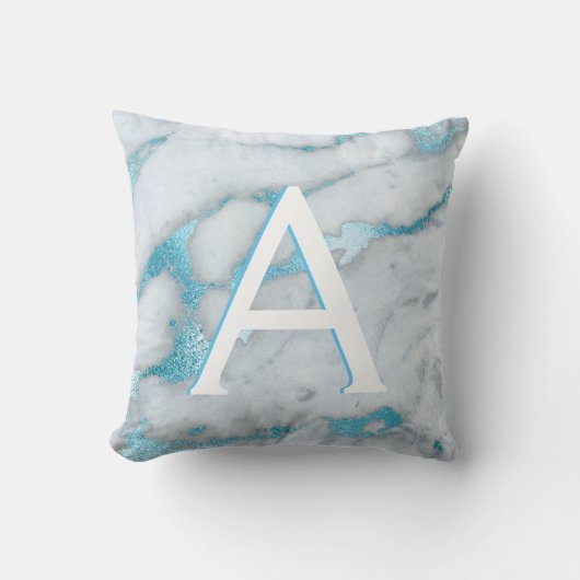 Blauw Blauwgroen en Wit Marmer Monogrammed Initiaa Kussen (Voorkant)