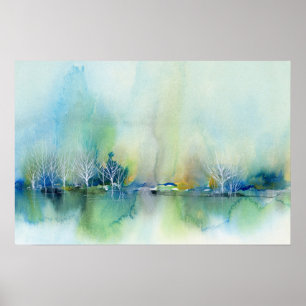 Blauw Blauwgroen Fantasy Abstract Landschapsschild Poster
