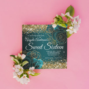 Blauw Blauwgroen Floral Glitter Glam Sweet Sixteen Kaart