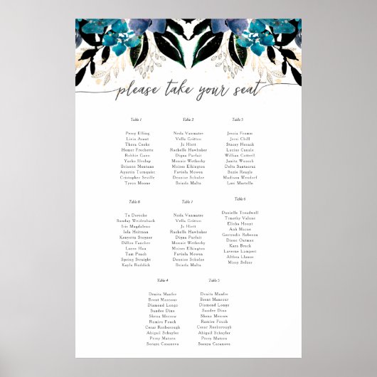 Blauw blauwgroen Floral Wedding border Poster (Voorkant)