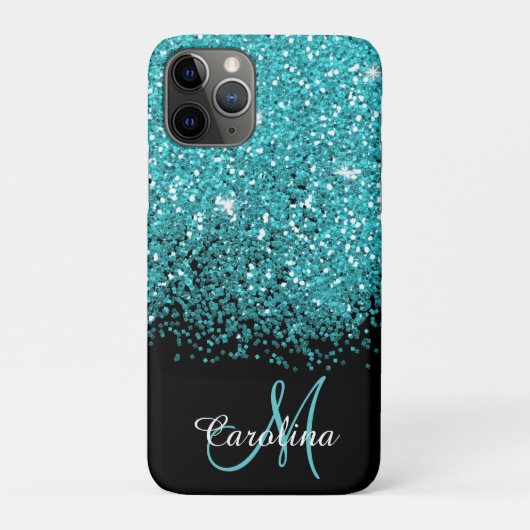Blauw, Blauwgroen, Glitter, Naam en Monogram, Meis Case-Mate iPhone Case (Achterkant)
