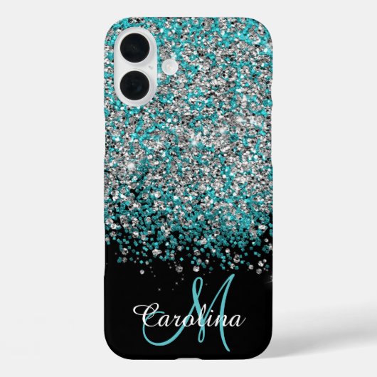 Blauw, Blauwgroen, Glitter, Naam en Monogram, Meis Case-Mate iPhone Case (Achterkant)