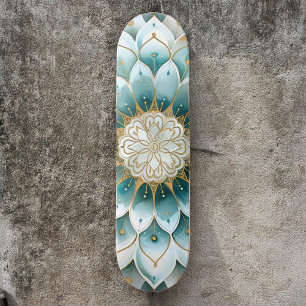 Blauw Blauwgroen Goud Bloemen Mandala Skateboard