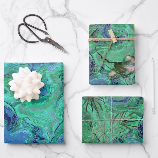 Blauw Blauwgroen Groen Modern Fluid Art Inpakpapier Vel (Voorkant)