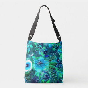 Blauw Blauwgroen Groene Bloemen Abstracte Kunstblo Crossbody Tas