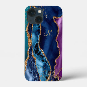 Blauw/Blauwgroen/Paars Agate met Gold Veins Monogr iPhone 13 Mini Hoesje