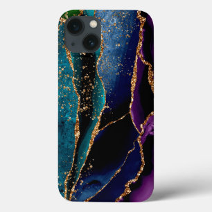 Blauw/Blauwgroen/Paars Agate met goudveinen iPhone 13 Hoesje