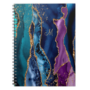 Blauw/Blauwgroen/Paars Agate w/Gold Veins Monogram Notitieboek