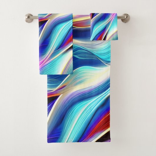 Blauw Blauwgroen Roze Geel Wavy Abstractie Bad Handdoek (Insitu)