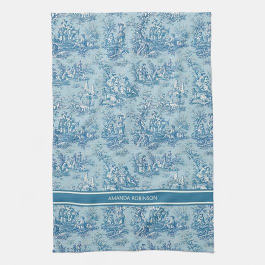 blauw blauwgroen Toile de Jouy bedrukt Theedoek (Verticaal)