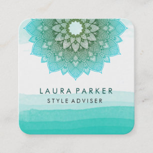 Blauw Blauwgroen Waterverf Lotus Floral Mandala Yo Vierkante Visitekaartje