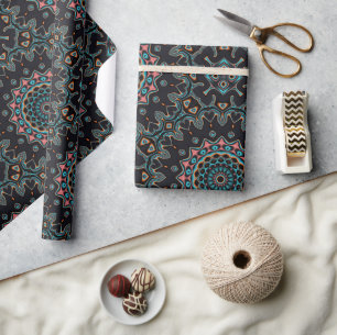 Blauw Blauwgroen Zwart Roze Mandala Boho Patroon Cadeaupapier