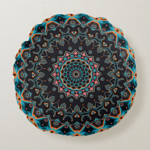 Blauw Blauwgroen Zwart Roze Mandala Boho Patroon Rond Kussen