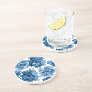 Blauw Bloeiend Waterverf Bloem Botanisch Wit Zandsteen Onderzetter