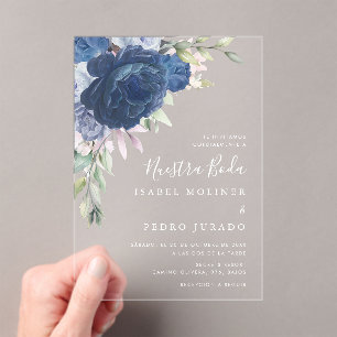 Blauw Bloem Boeket Nuestra Boda Spaans Bruiloft Acryl Uitnodigingen