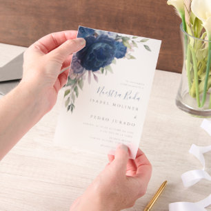 Blauw Bloem Boeket Nuestra Boda Spaans Bruiloft Vellum Uitnodigingen