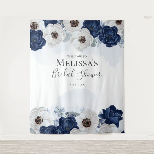 Blauw Bloem Bruidsfeest Waterverf Wandkleed (Voorkant)