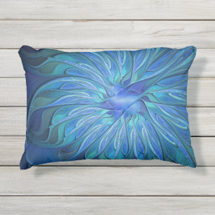 Blauw Bloem Fantasie Patroon, Abstracte Fractale K Buitenkussen