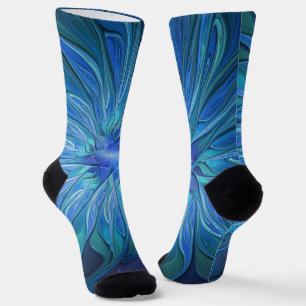 Blauw Bloem Fantasie Patroon, Abstracte Fractale K Sokken