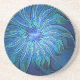 Blauw Bloem Fantasie Patroon, Abstracte Fractale K Zandsteen Onderzetter
