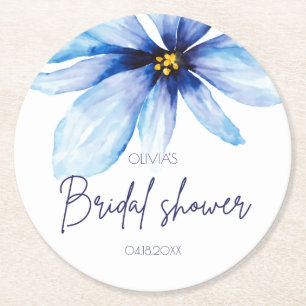 Blauw bloem minimalistische elegante bruidsdouche ronde kartonnen onderzetter