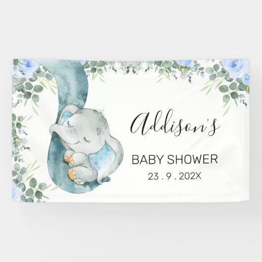 Blauw bloemblaadje Olifant Baby shower Spandoek (Horizontaal)