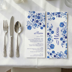 Blauw bloemboeket bruiloft diner menu kaart