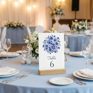 Blauw bloemboeket bruiloft tafelnummer