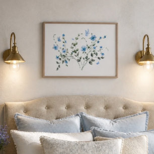 Blauw bloemboeket en waterverf vlinder poster