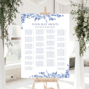 Blauw Bloemen Alfabetische Bruiloft Zitplaatsen Poster