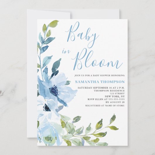 Blauw Bloemen Baby in Bloom Shower Kaart (Voorkant)