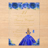 Blauw Bloemen Blond Haar Prinses Verjaardagsfeest Acryl Uitnodigingen (Voorkant)