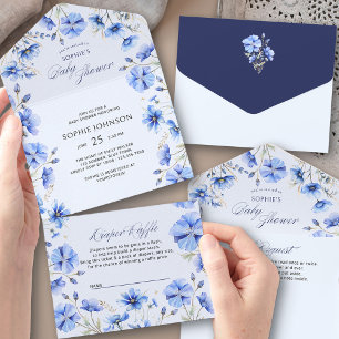 Blauw Bloemen Boek Verzoek Luier Raffle Baby Showe All In One Uitnodiging