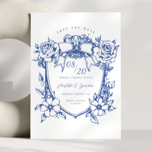Blauw Bloemen Bow Crest Save The Date Kaart