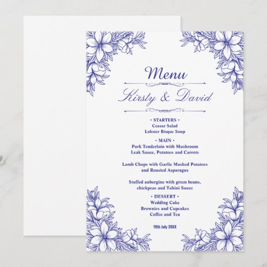 Blauw Bloemen Bruiloft Menu (Voorkant / Achterkant)