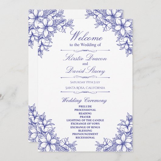Blauw Bloemen Bruiloft Programma (Voorkant / Achterkant)