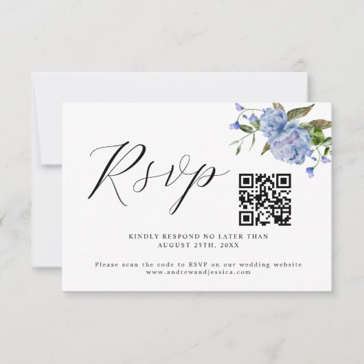 Blauw Bloemen Bruiloft QR Code RSVP-kaart RSVP Kaartje (Voorkant)